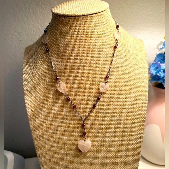Hand Crafted Jewelry - Sterling 925 Necklace with Beads and Rose Quartz Hearts Vintage